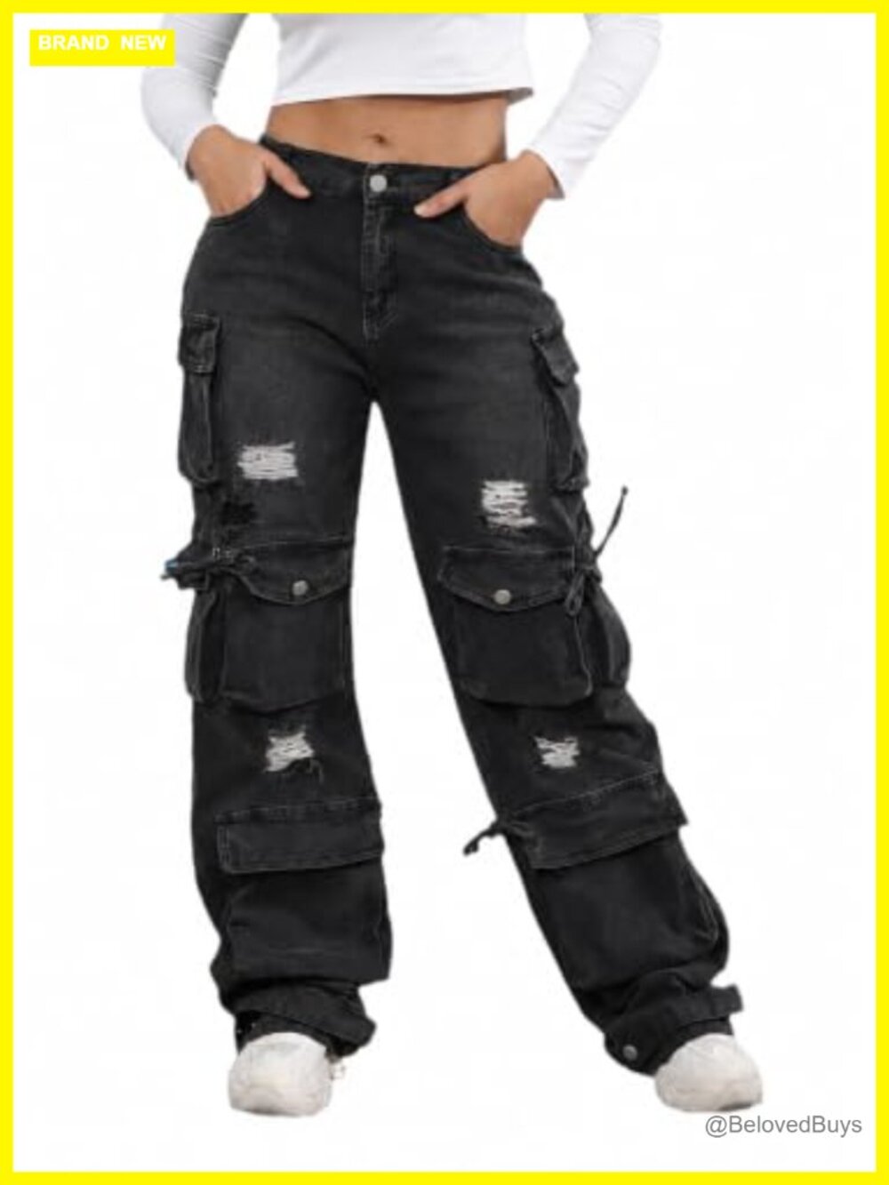 High Waist Baggy Wide Leg Denim Cargo Jeans Flap Pocket Streetwear